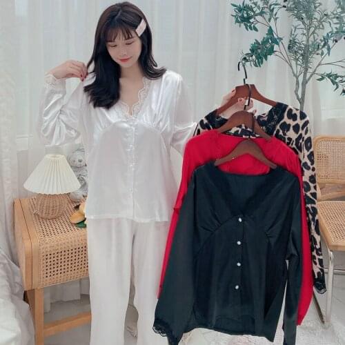 2021 Spring Summer Long Sleeve Silk Satin Lace V-neck Pajama Set for Women Sleepwear Suit Pyjamas Homewear Pijama Mujer Clothes