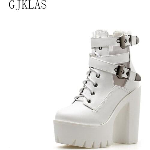 Platform High Heel Ankle Boots for Women Fashion Black White Boots Women Shoes High Heel Spring Autumn Leather Shoes Women Boots
