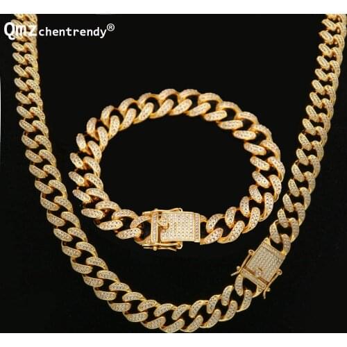 Hip Hop 12mm Bling Fully Iced Out Miami Cuban Link Chain Mens Necklace Bracelet Hipster AAA Cz Clasp Jewelry Sets Drop Shipping