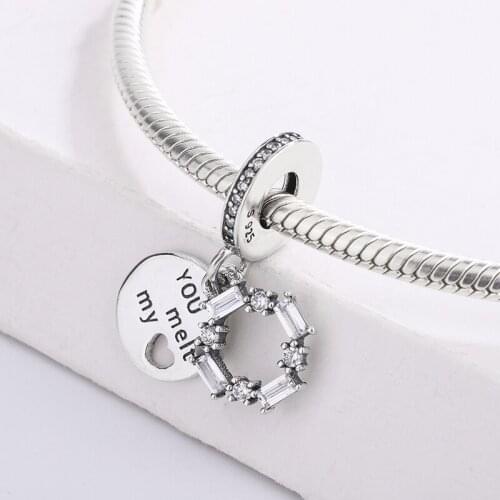 925 Sterling Silver Cubic Zirconia Double Pendant You Melt My Heart Dangle Charm Bracelet Jewelry Making For Original Pandora