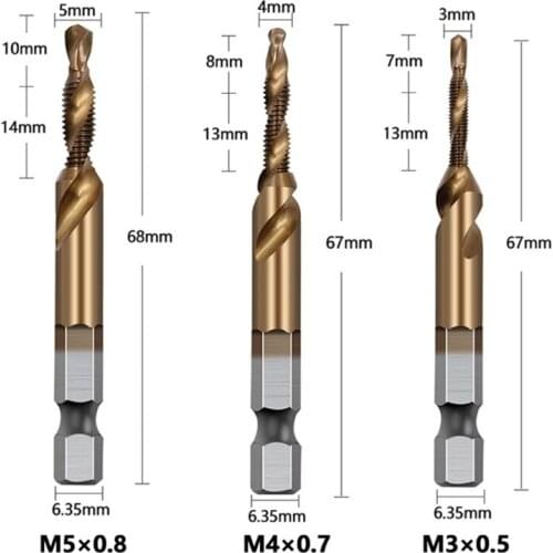 Combination 1/4" Hex Twist Tap Drill HSS M3-M10 Bit Screw Countersink Hexagonal Handle Metric Taps Cobalt Plated