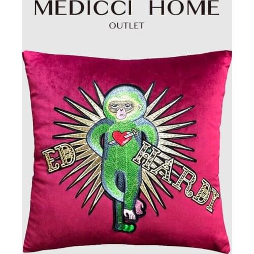 Medicci Home Lush Velvet Cushion Cover Wine Red Monkey Planet Series Design Sitting Room Pillowcase Exquisitely Crafted Handmade