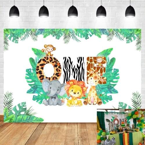 NeoBack Jungle Theme Background 1st Birthday Safari Animals Zoo Photo Backdrop Lion Elephant Animals Boy Baby Party Banner