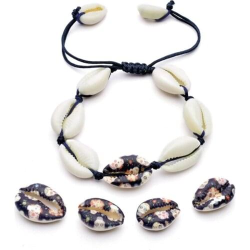 Fashion color rope chain shell Natural sea shell print skull head hand-woven adjustable bracelet women Printed shell bracelet