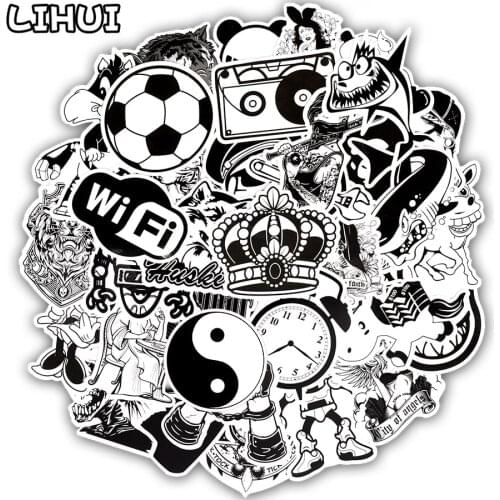 50pcs Black and White Series Sticker Graffiti Rock Funny Waterproof Stickers for DIY Luggage Laptop Guitar Motorcycle Stickers