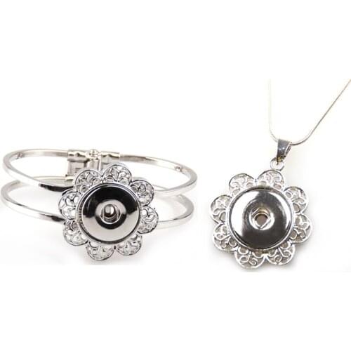 New arrival 1.8-2cm hollow out flower metal press button cuff bangle and chain necklace set for Gift Jewelry set Free shipping