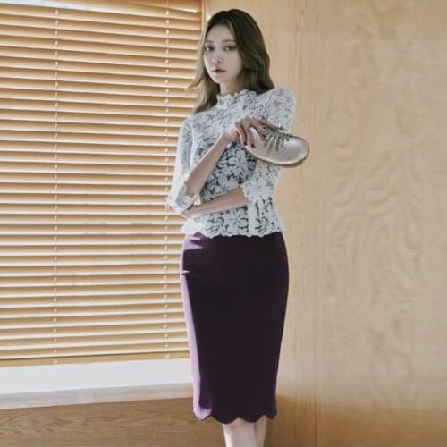 New arrival fashion spring midi dress women OL temperament sexy white perspective lace purple stitching slim pencil dress