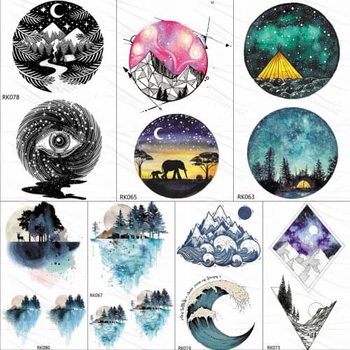 OMMGO Watercolor Geometric Moutain Camping Temporary Tattoos For Kids Sticker Surf Wave Forest Tattoo Body Art Arm Fake Tatoos