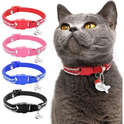 Kitten Cat Name Collar Quick Release Pet Cat Safety Collars With Bell Personalized Fish ID Tag Bling Rhinestone Cats Necklace