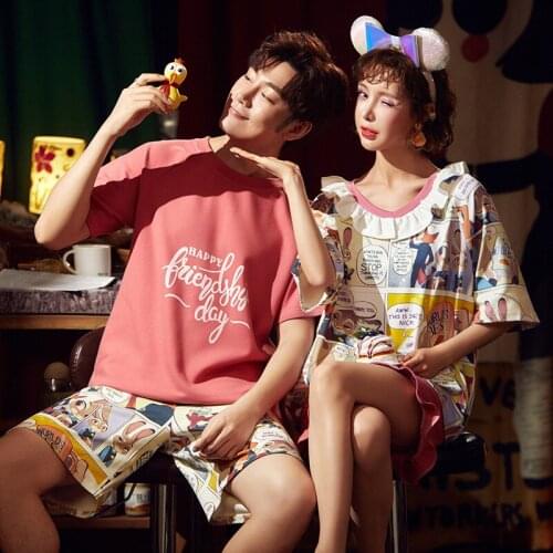 Summer Couple Pajamas Set Short Sleeve Sleepwear Pyjamas Women Men Cute Nightwear Summer Korean Lovers Pajamas Homewear Pijamas