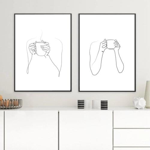 Coffee In Hand One Line Drawing Art Prints Black And White Minimalist Poster Wall Art Canvas Painting Coffee Gift Kitchen Decor