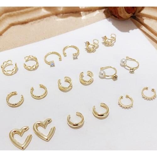 Simple Fashion Gold Color Heart&Circle Ear Cuff Clip on Earrings for Women Crystal Round Earcuff Fake Piercing Earring Jewelry