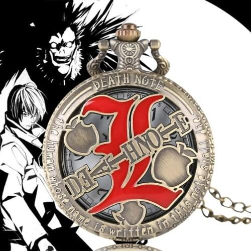 Retro Halloween Death Note Men Women Quartz Pocket Watch Double L Pendant Clock Watches with Necklace Anime Accessories for Gift