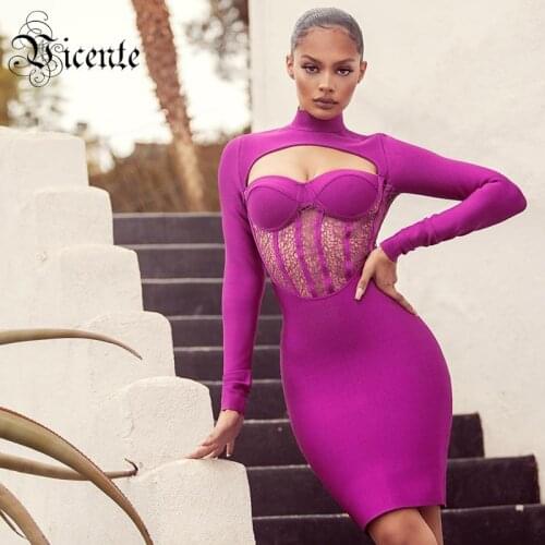 VC All Free Shipping Trendy Purple Lace Splicing Design Sexy Hollow Out Celebrity Party Club Bandage Mini Dress
