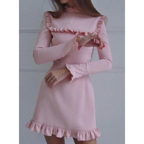 Spring Women Solid Ruffles Dress Casual Ruffles-Neck A-Line Dress Back Butterfly Sleeve Bodycon Party Dresses For Women