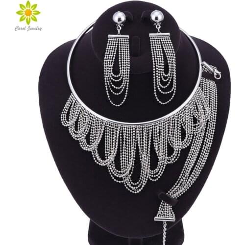Vintage Chokers Jewelry Sets For Women Tassel Necklace Earrings Bracelet Silver Color Wedding Bijoux Accessories