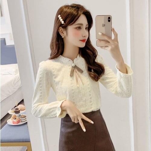 Spring New Women Blouse Tops Female Ruffles Bow Long Sleeve Solid Blouse 2021 Work Wear Ladies Office Streetwear Shirts H1060