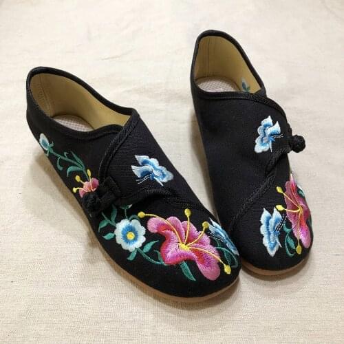 Morning Glory Flower Embroidered Womens Canvas Ballet Flats Ladies Casual Comfort Denim Cotton Embroidery Shoes