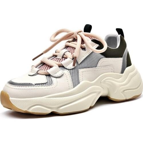 Womens Chunky Sneaker Genuine Cow leather Mixed Color Off-White and Pink Cross-Tied Retro Fashion Shoes