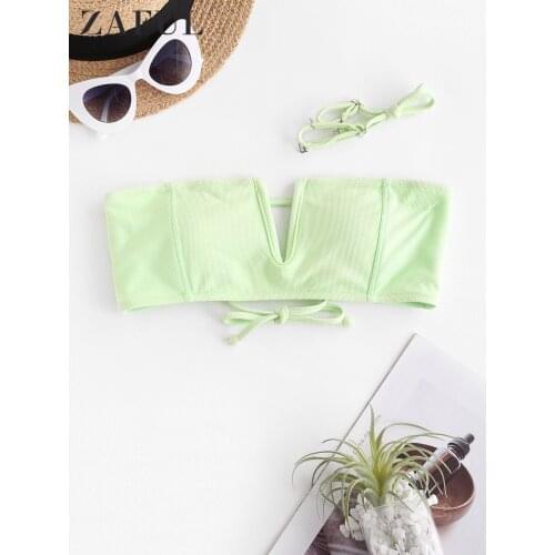 ZAFUL V Wire Textured Bandeau Bikini Top Women Strapless Lace-up Bralette Sexy Summer Swimwear Swimsuit Beach Tops Padded Bra