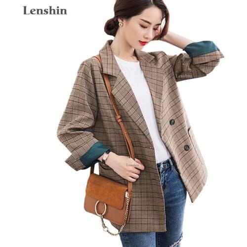 Lenshin Vintage England Style Loose Thick Plaid Coat with Two Big Pockets for Women Fashion Outwear Jacket Brown Blazer