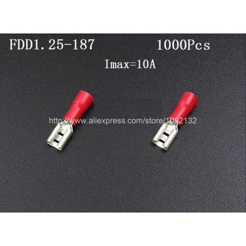 1000pcs/bag 4.8mm Red Female Insulated Spade Quick Connector Terminal/Crimp Terminal AWG FDD1.25-187 for Wires/Jamma Harness