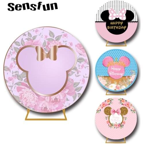 7 Options Round Circle Pink Mouse Backdrop For Girls Newborn Baby Shower 1st Birthday Photography Background Cover Customized