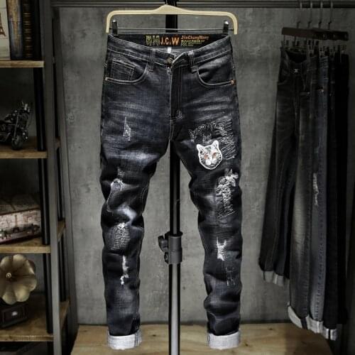 Embroidered Hole Animal / Letter / Plant Jeans Mens slim Legged Denim Pants Elastic Personality Retro Black Blue Pants
