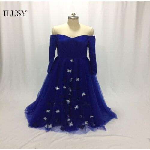 ILUSY Shiny Blue Evening Dresses A-line Evening Gowns Butterfly Prom Gowns Customize robe De Soiree