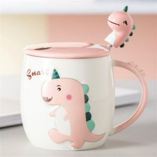 350ML Cute Cartoon Dinosaur Ceramic Mug With Lid Spoon Milk Breakfast Mug Ladies Office Mug Childrens Breakfast Mug