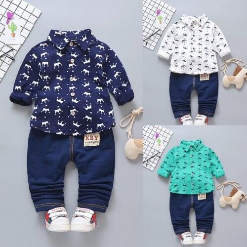 MUQGEW Kids Baby Boy Clothes Set Long Sleeve Crown Pattern Shirt Tops+ Denim Pants Set childrens clothing