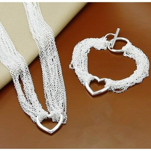 Hot Fashion 925 Silver Jewelry Sets Multi-Line Heart/Round Necklace Bracelet Set For Women Wedding Jewelry Gift