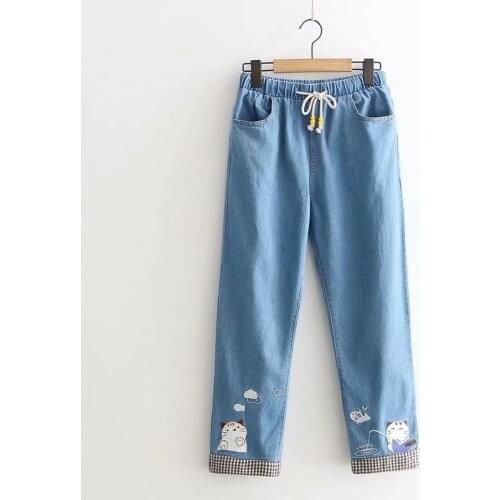 2020 Fashion student cute cat embroidered straight jeans spring summer high waist denim pants girl loose wild casual pants 3383