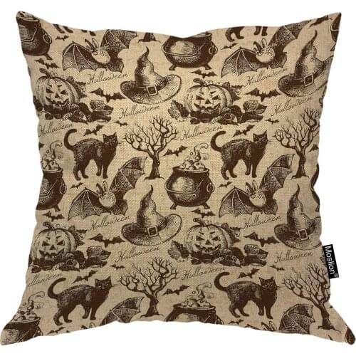 Halloween Pattern Throw Pillow Covers Retro Vintage Style Animal Cat Pumpkin Owl Bat Witch Hat Tree Pillow Case for Home Decor