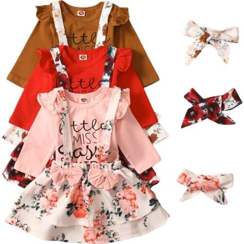 New Baby Girl’s Three Piece Suit Fashion Letter Long Sleeve Romper Flower Suspender Skirt and Headband Set