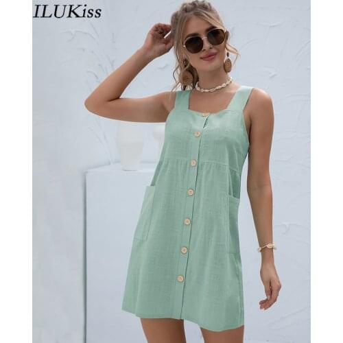 Casual Sleeveless Loose Mini Dress Women Summer Green Strap Backless Vintage Lady Dresses 2021 Fashion Womens Clothing Elegant