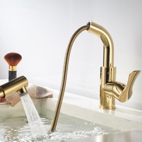 Bathroom Basin Faucets Solid Brass Sink Mixer Vessel Crane Tap Hot & Cold Deck Mounted Single Handle Rotating Pull Out Type Gold