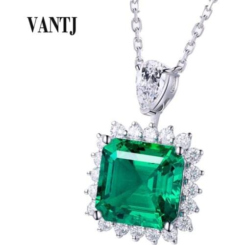 VANTJ Real 10K Gold Pendant Sterling Lab Grown Emerald Created Gemstone Moissanite Necklace for Women Party Wedding Gift