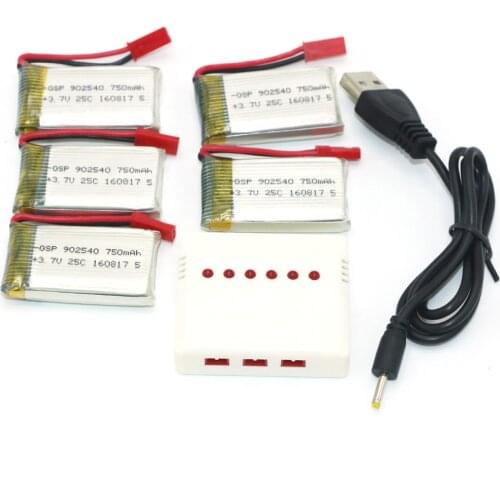 6 in 1 Lipo Battery Charger 3 JST Port + 5Pcs 3.7V 750mah 25C Lipo Battery For MJX X400 X800 X300C Rc Quadcopter