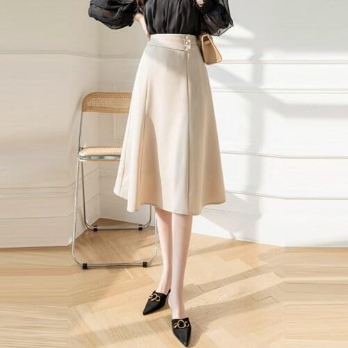 Office Lady Elegant A-line Long Skirts New Arrival 2021 Summer Korean Style Solid Color High Waist Women Casual Skirt W434