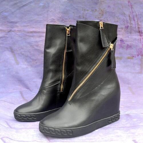 Sexy Height Increasing Boots 8CM Black White Wedge Motorcycle Boots Women Spring Autumn Rubber Sole Ankle Boots