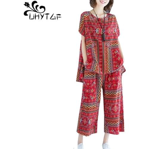 UHYTGF Womens sets fashion cotton linen printing t-shirt wide-leg pants summer two piece set women loose plus size clothes 1641
