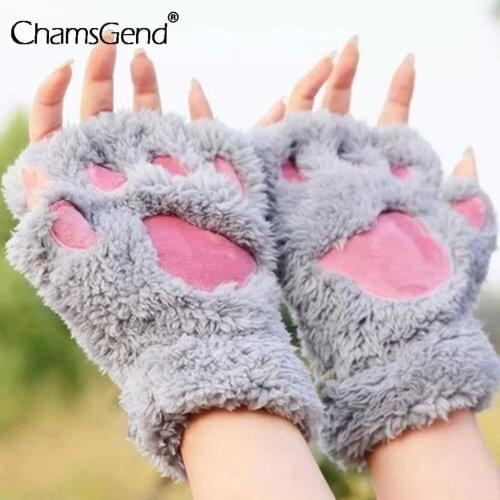 Women Cute Cat Claw Paw Plush Mittens Warm Soft Plush Short Fingerless Fluffy Bear Cat Gloves Costume Half Finger Mittens Gloves