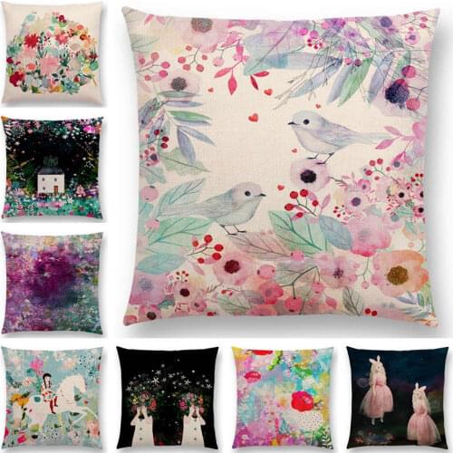 Hot Sale Lovely Girl Flowers Leaf Tree Floral Pattern Dreamy Garden Fantasy Night Cat Deer Bird Cushion Cover Sofa Pillow Case
