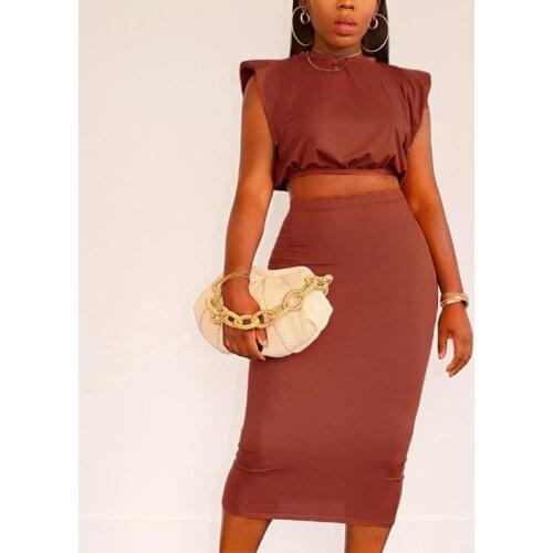 Womens solid sleeveless two pieces slim suits elastic waist dress women o-neck short tops two-piece set 2021 summer female suit