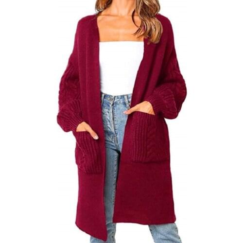 2021 New Autumn Winter Fashion Womens Cardigans Casual V Neck Lantern Sleeve Solid Ladies Knitted Sweater Coat Casaco Feminino