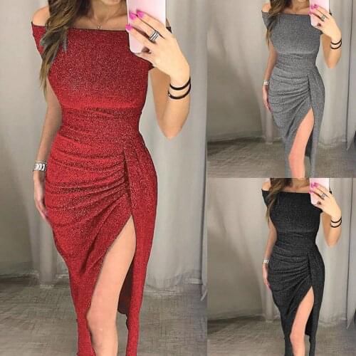 Women Off Shoulder High Slit Bodycon Dress Short Sleeve Dresses Sexy Slim Backless Vestidos De Festa #G2