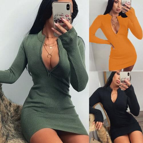 Women Knitted Bodycon Dress Zip up Deep V Long Sleeve Sheath Dress Fashion Lady Solid Ribbed Mini Dress Female Club Plain Dress