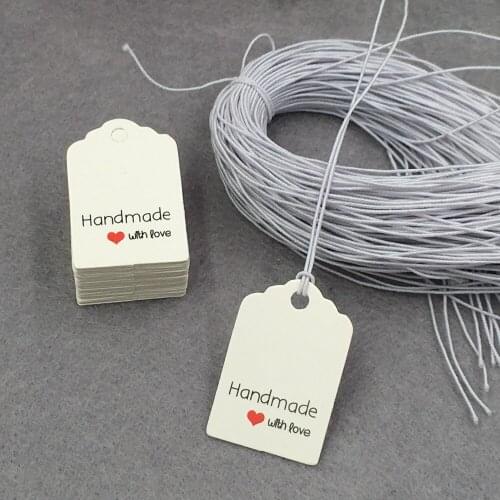 100Pcs +100 Strings 3x2cm Paper Tags Labels Printed Handmade with Love For Bag Decoration Gift Luggage Supply Hang Price Tags