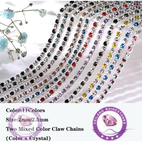Feilang 2 Yards/lot 11 Colors Mixed Color(Color+Crystal) Rhinestone Chain Size 2/2.5mm DIY Craft Glue on Clothes Accessories